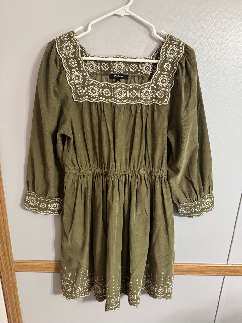Madewell Olive Green Embroidered Corduroy Square-Neck Mini Dress Size Small